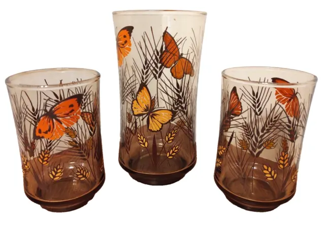 Vintage Set of 3 Libbey Monarch Butterfly Wheat Glasses Amber - 2 juice + 1 tall