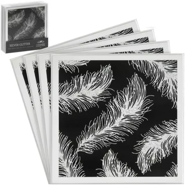 Set of 4 Glass Sparkly Silver Glitter Feather Design Mirror Tea Coffee Coasters