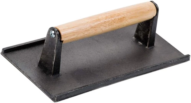8 X 4-Inch Cast Iron Steak Weight/Bacon Press with Wooden Handle, Heav