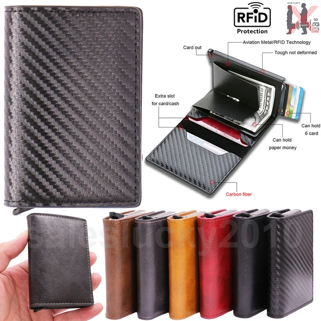 Mens RFID Blocking Leather Wallet Carbon Fiber Purse Slim Credit Card ID Holder