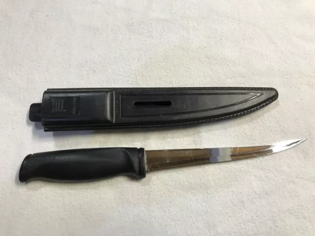 VINTAGE FISKARS FILLET KNIFE 7 1/2'' SERRATER BLADE W/ SHEATH MADE