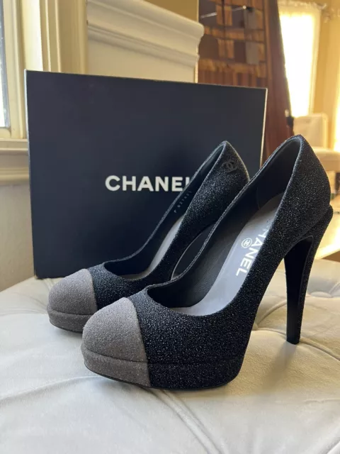 Pre-owned Chanel Size 37eu Goatskin Grosgrain Cap Toe Cc Slingback Flat W/  Receipt In Black