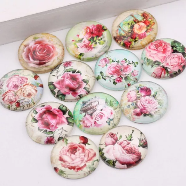 10 Pink Rose Flower Cabochons Mixed Round Glass Cabochon Flat Back 10mm 20mm