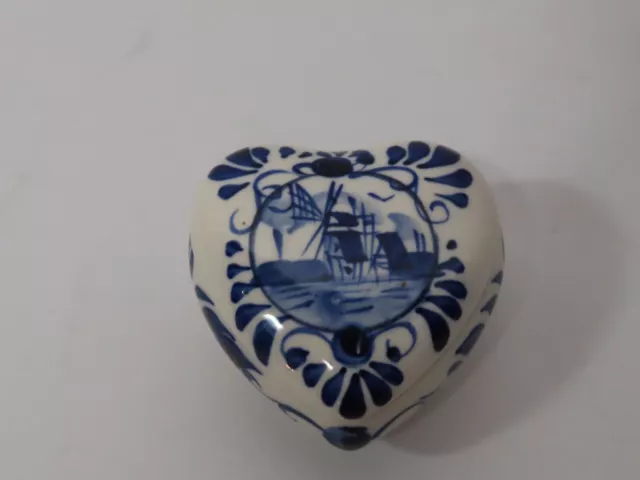 Blue Delft Miniature Heart Trinket Box Lid Holland Windmill Vtg Hand Painted