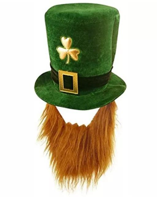 N286 St Patricks Day Irish Leprechaun Shamrock Hat with Beard Costume Novelty 2