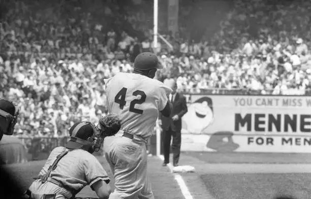 Brooklyn Dodgers Jackie Robinson in action, batting vs St. Louis C - Old Photo 1