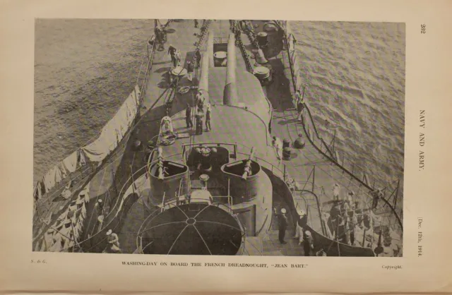 1914 Ww1 Print Washing Day On Board The French Dreadnought Jean Bart