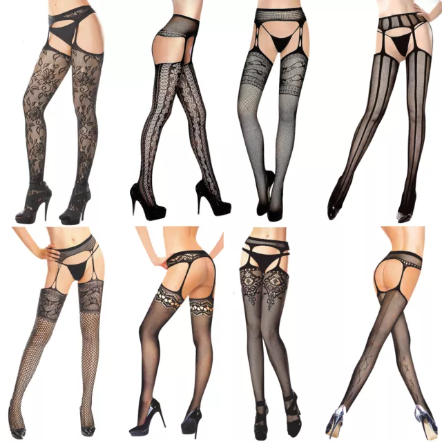 Sexy Crotchless Suspender Tights Sheer Fishnet Open Crotch Stockings Garter Belt