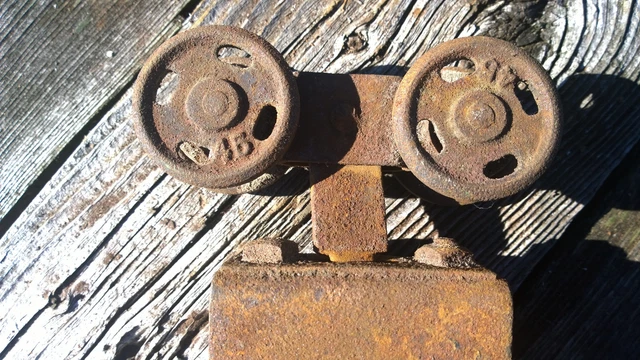 VINTAGE METAL POCKET BARN DOOR HARDWARE antique replacement part four hole wheel 2