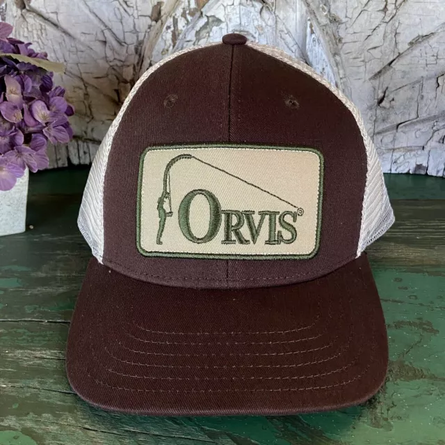 ORVIS FLY FISHING Pole Patch Logo Brown White Mesh Snapback