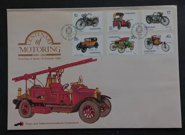 1986 Zimbabwe Motoring 100th Anniversary FDC ties 6 stamps cd Harare