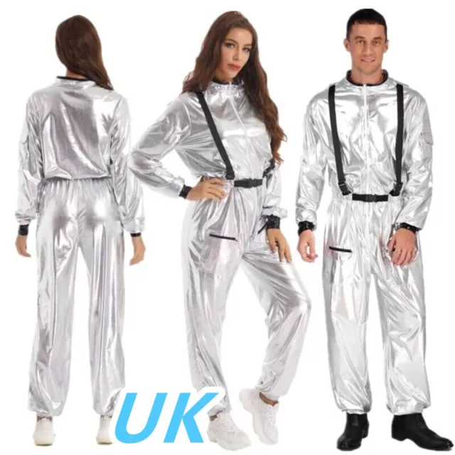 UK Adult Men Women Astronaut Cosplay Costume Shiny Metallic Jumpsuits Space Suit