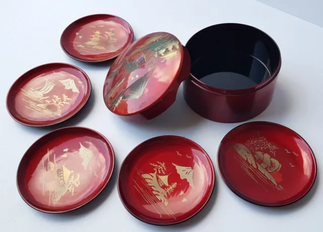 Set Container With Lid + 5 Bowls Japan Wood Varnished Hand Painted To 1950 - 70