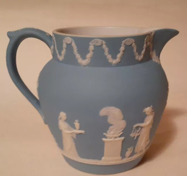 Vintage WEDGWOOD Jasperware Blue & White Sacrifice Pitcher 5" Tall EX Condition.