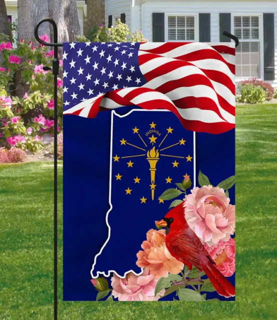Indiana State With Cardinal And Peony Flower Indiana Garden Flag 12X18Inch