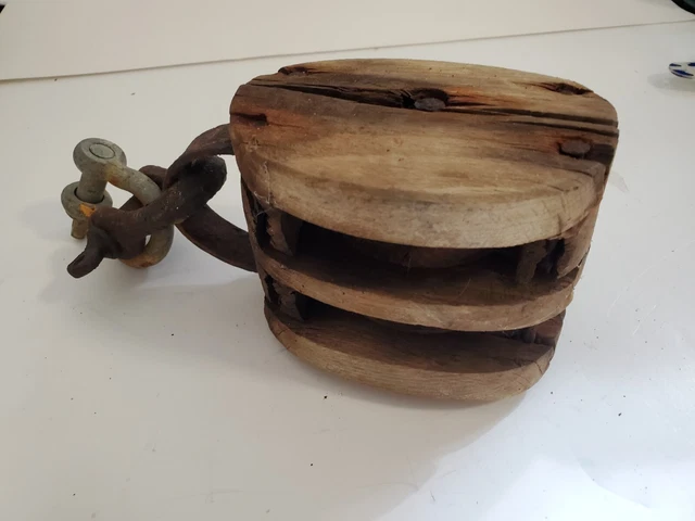 Decoration Only Weathered Distressed Vintage Wooden Double Pully Block 6X4X3