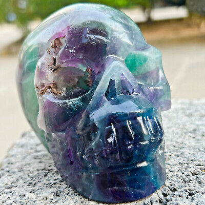 2.5LB Natural fluorite skull quartz hand carved crystal skull healing. AS660