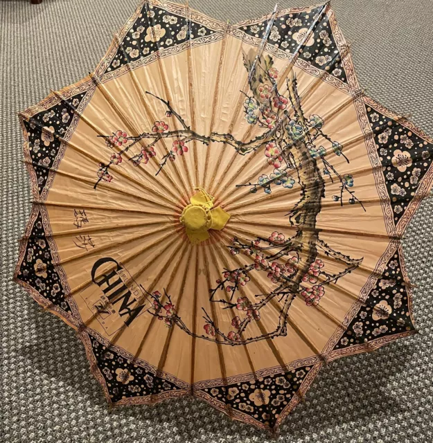 Vintage Splendid China Florida Souvenir Oriental Rice Paper Umbrella Parasol