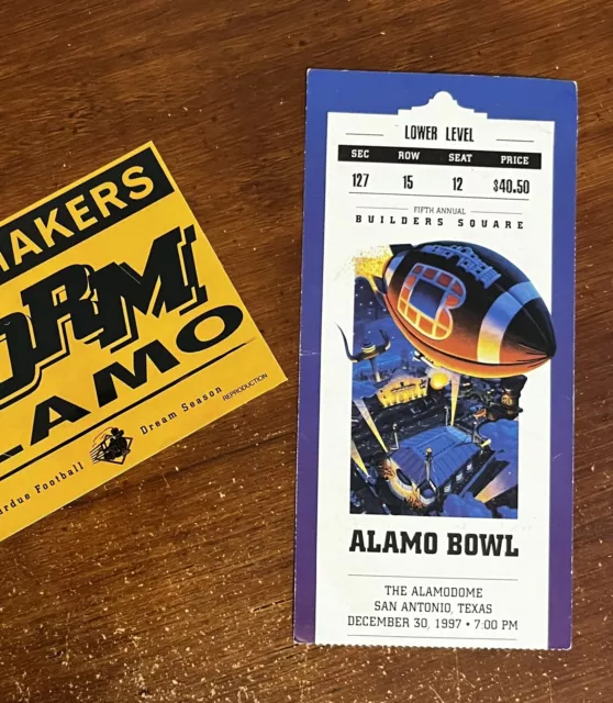 1997 Alamo Bowl Purdue vs Okl St. Ticket stub & Sticker, Scribble on back (read)