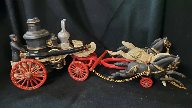 VINTAGE LARGE CAST Iron 3 Horse Fire Pumper Wagon 21" Length $103.96