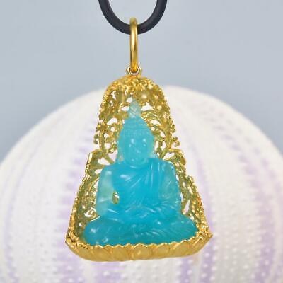 Pendant Buddha Image Gold Vermeil Sterling Bodhi Tree Blue Chalcedony 13.94 g