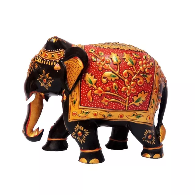 Wooden Handcrafted Hand Painted Elephant Hand Carved Figurine (Height 4 Inch)