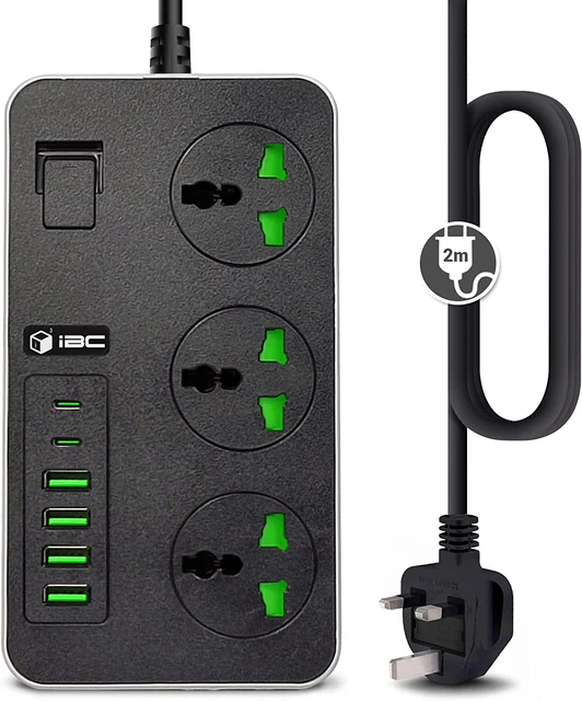 IBlockCube Universal Extension Lead with 6 USB Ports | 2 Meter Cable Power Strip