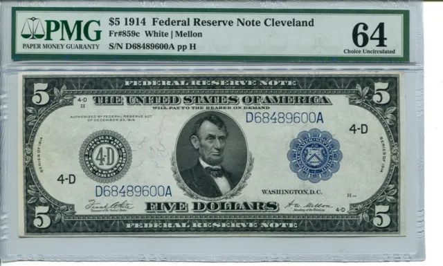 FR 859c 1914 $5 Cleveland Federal Reserve Note PMG 64 Choice Uncirculated