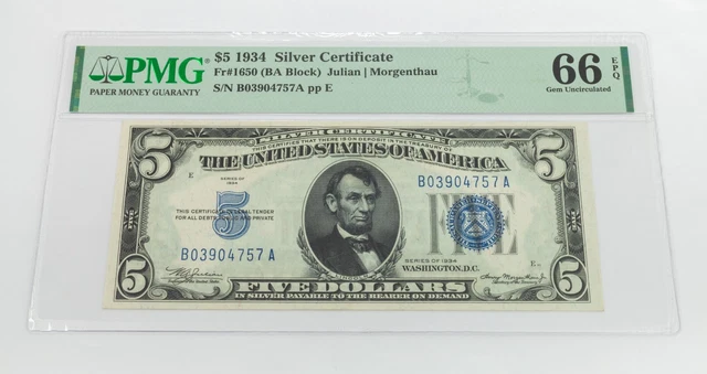 1934 $5 Silver Certificate Fr #1650 (BA Block) Graded by PMG Gem Unc 66 EPQ