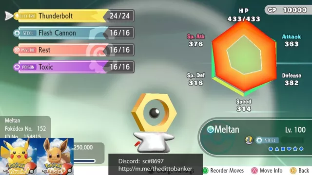 Pokemon Let's Go Pikachu/Eevee MELTAN Lv.100 6IV BEST STATS Digital Transfer!