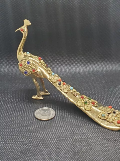Vintage Indian Brass Peacock Figurine With Cabochon Stones