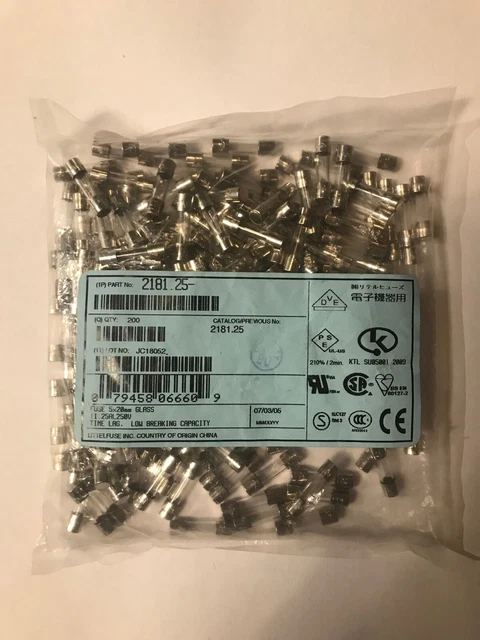Lot De 10 Fusibles Cartouche Littlefuse 1.25A 250V - Réf 2181.25 - Neufs, Fabrication Chinoise