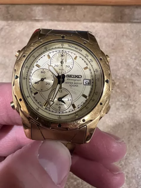 VINTAGE MEN'S SEIKO 7T32-6M59 Chronograph Alarm Date Watch Gold Tone $  - PicClick