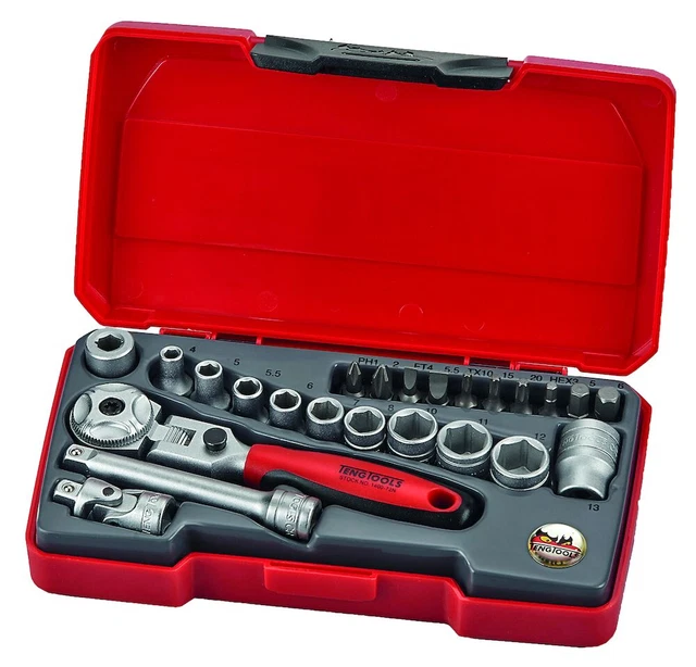 Teng Tools T1424S 1/4" Drive Ratchet Socket Bit Set Flexi Head Extension Bar UJ