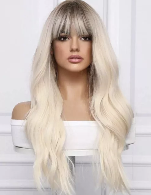 Perruque Synthétique Wig Femme Blonde Avec Frange Cheveux Long Wavy +4 Bonnet