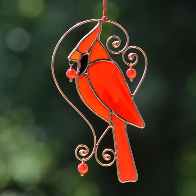 Cardinal Sun Catcher 3x5,5 inch Stained Glass Bird Memorial Gift Handmade Decor
