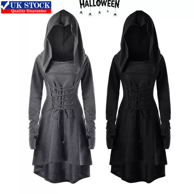 Womens Gothic Punk Cosplay Cloak Cape Coat Halloween Witch Costume Hooded Dress.