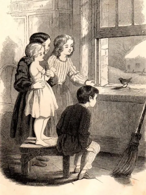 Antique Victorian Art print engraving 1862 Children Robin's friendly visit bird