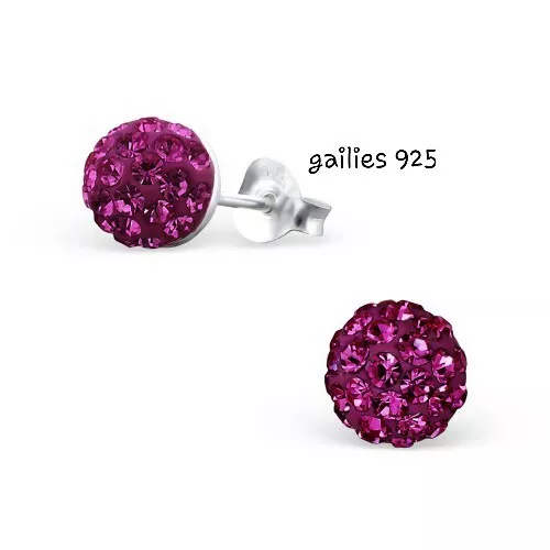 925 Sterling Silver Round Fuchsia Crystal Childrens Stud Earrings
