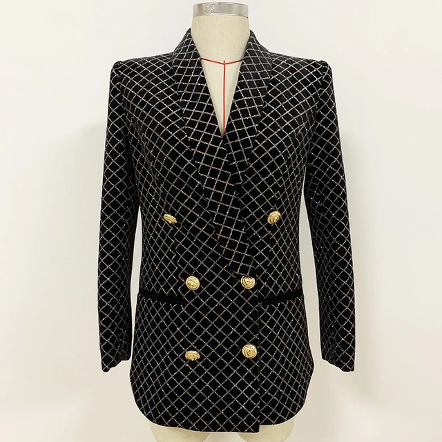 Donna Design Ispirato Lusso Brillantini Quadri Nero Giacca Cappotto