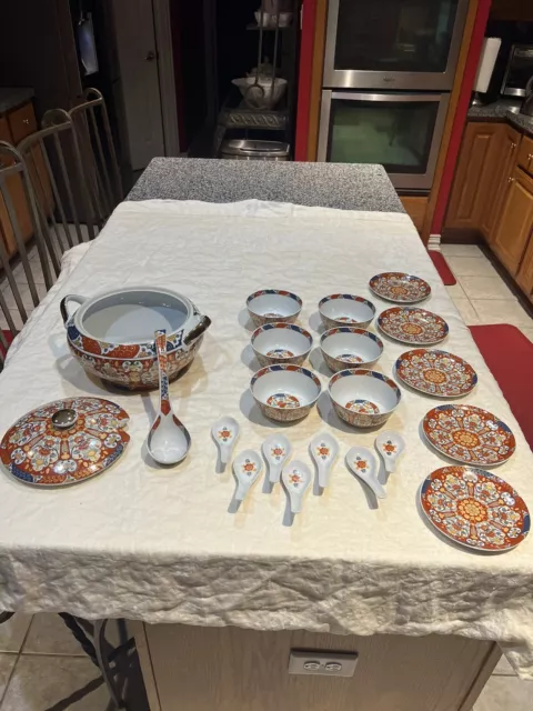 21 Pcs Large Vintage Chinese Porcelain Soup Tureen Serrving Dishes Gold Detail
