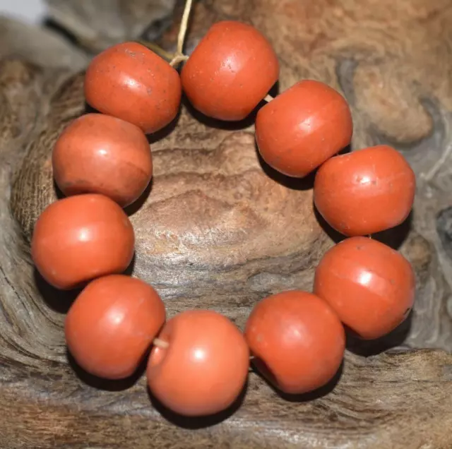 Antique Czech Light Salmon Red Molded Glass Prosser Beads Traded Into Africa