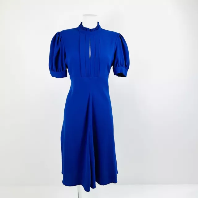 Finery Midi Tea Dress UK 12 Cobalt Royal Blue Ruffle Neck Puff Sleeve Keyhole