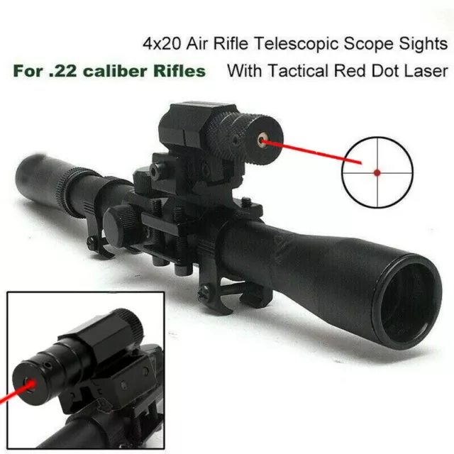 4x20 Air Gun Rifle Optics Scope +20mm Rail Mounts +Red Laser Sight For Hunting #