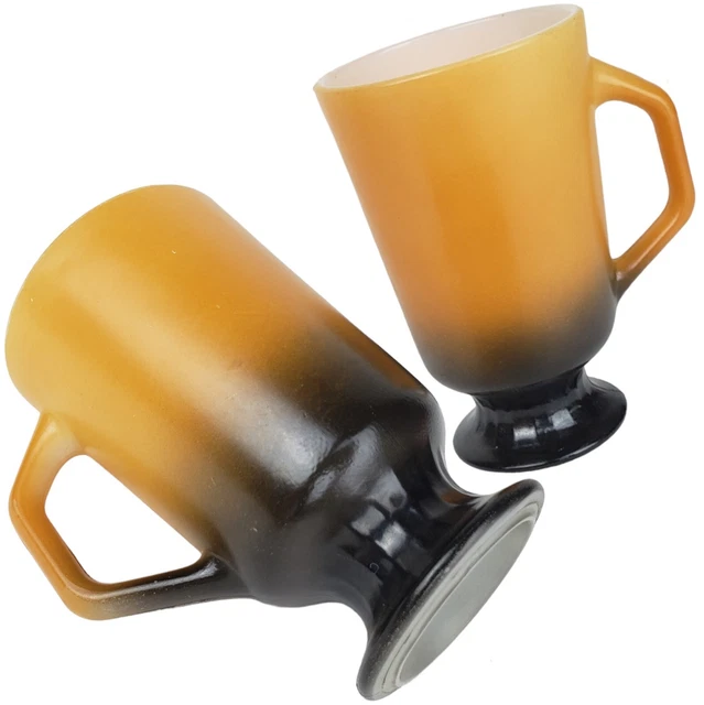 2 Vintage Fire King Coffee Cup Mug Pedestal Candy Corn Orange Black Milk Glass