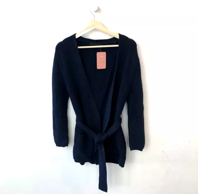 XS - Jenni Kayne $345 Navy Ribbed Knit Belted Wrap Cardigan Sweater 0208KS