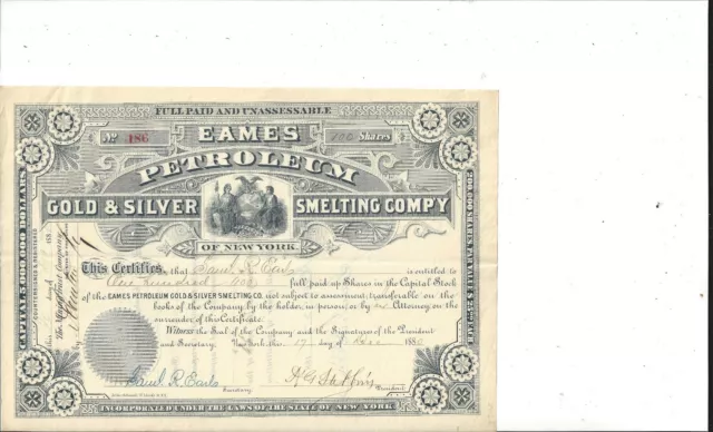 Eames Petroleum Gold & Silver Smelting Comp'y....1880 Common Stock Certificate