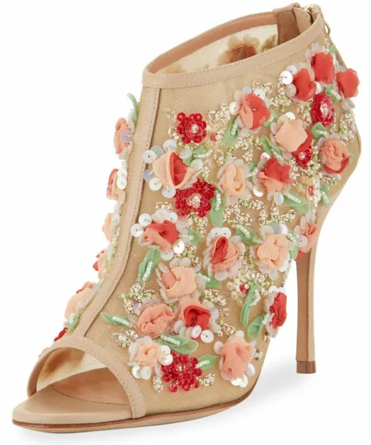 $2135 NEW Manolo Blahnik Clizia NUDE Mesh Floral Peep BOOTIE Boots 3 D Heels 36