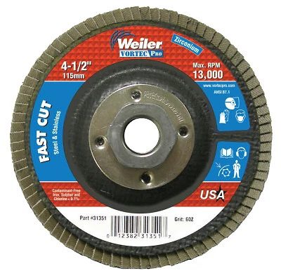 Vortec Pro Abrasive Flap Discs,4.5", 60 Grit, 5/8 Arbor, 13,000 Rpm, Phenolic