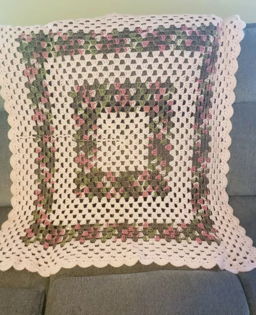 Afghan Throw Baby Crochet Pastel Pink Green 43" X 42" Handmade Lap Blanket